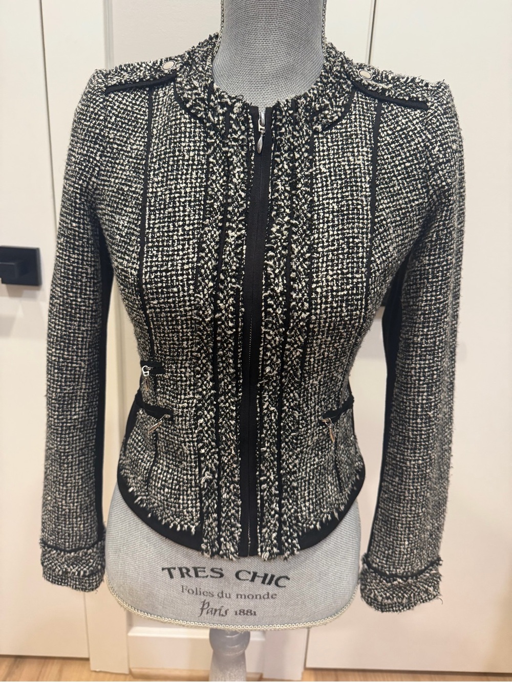 Black & White Tweed Zip-Front Women's Jacket